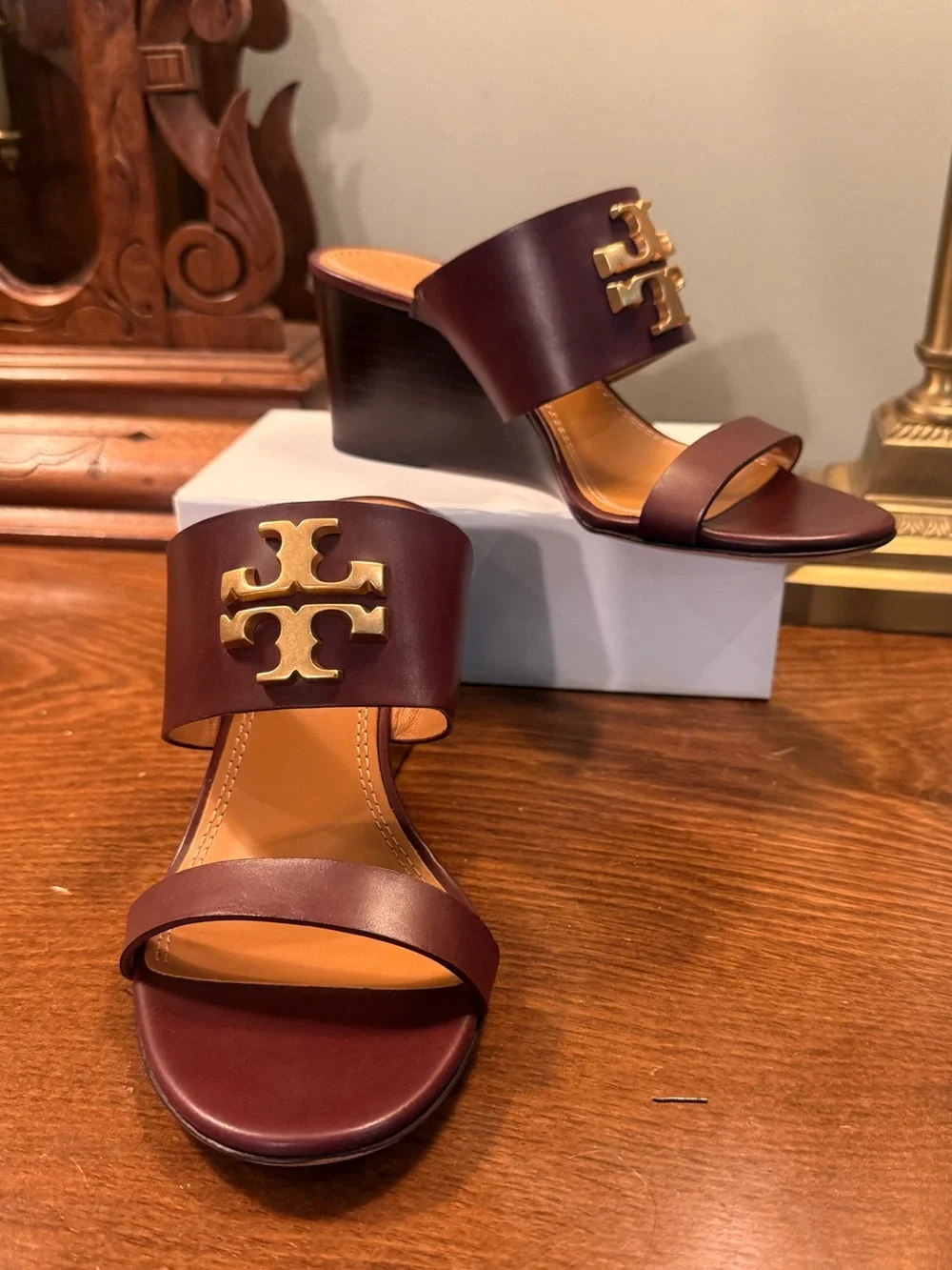 Tory Burch Burgundy Leather Wedge Sandals with Gold Logo